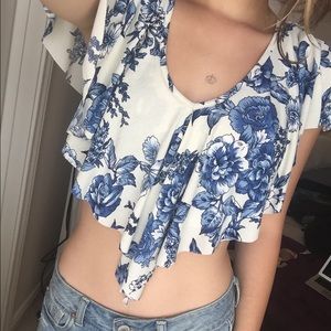 Blue and White Floral Crop Blouse