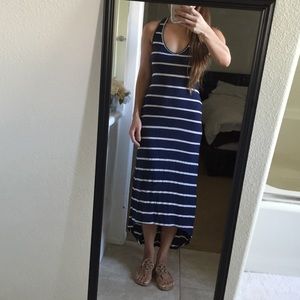 Navy and white striped high low maxi dress