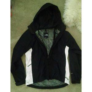 Black and white north face rain coat