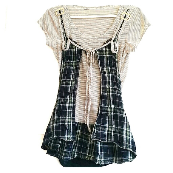 Grey-striped Bluegreen Plaid 2 Piece Top S
