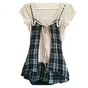 Grey-striped Bluegreen Plaid 2 Piece Top S