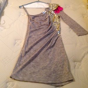Grey beaded dress.