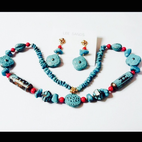 Lee Sands Turquoise Coral Necklace Earrings Set - Picture 1 of 4