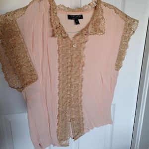 Topshop pale pink crop top with beige lace trim