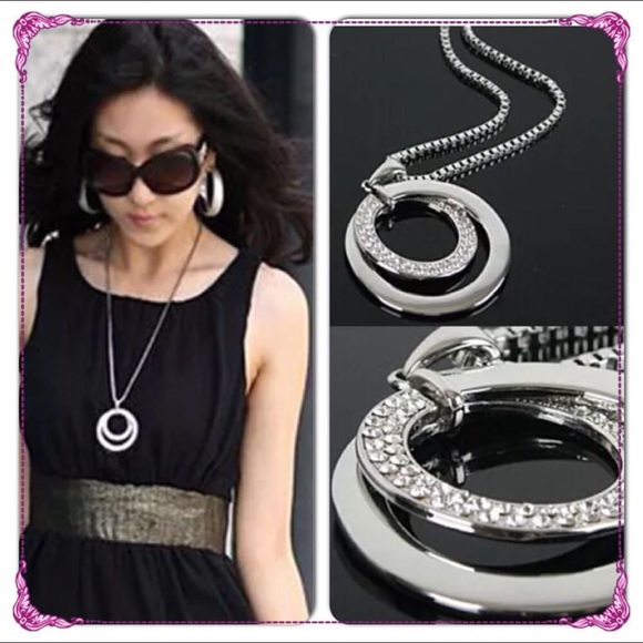 Silver long circle rhinestone necklace