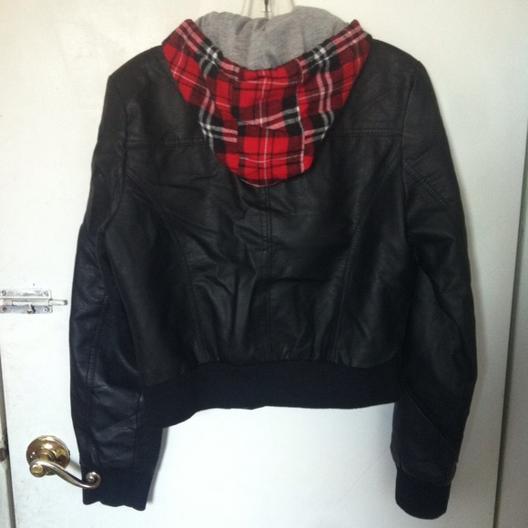 Hooded Leather Jacket with Red Plaid