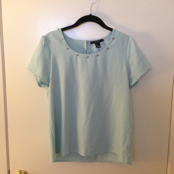 Forever 21 Pastel Blue Top w/ Puff Sleeves & Studs