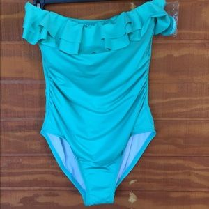 Aqua Double Ruffle Bandeau One Piece Swimsuit