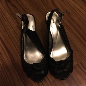 Black pleather wedge espadrilles sling back