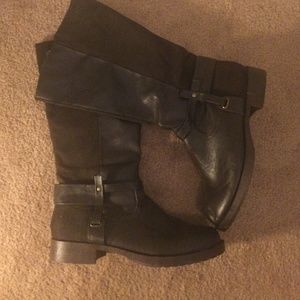 Dark brown faux leather and suede mid-calf boots.