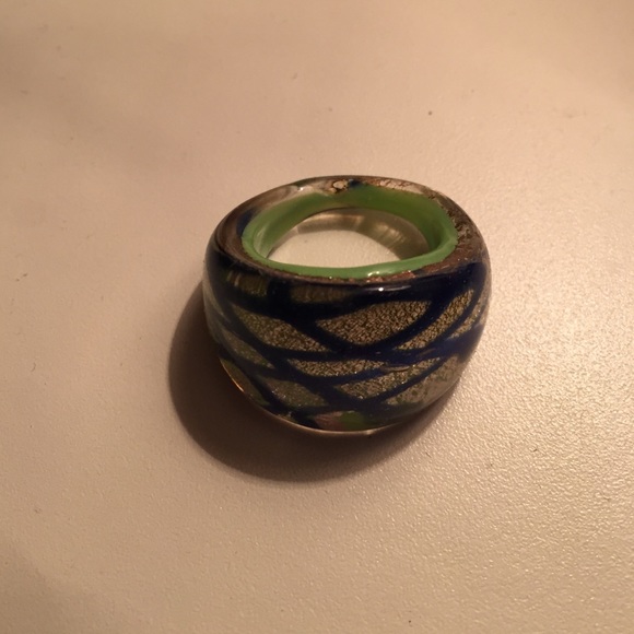 Silver glass ring with blue cross detail