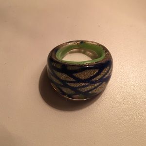 Silver glass ring with blue cross detail
