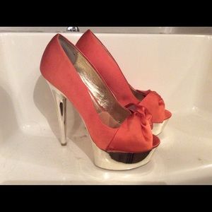 Coral and gold platform heels!