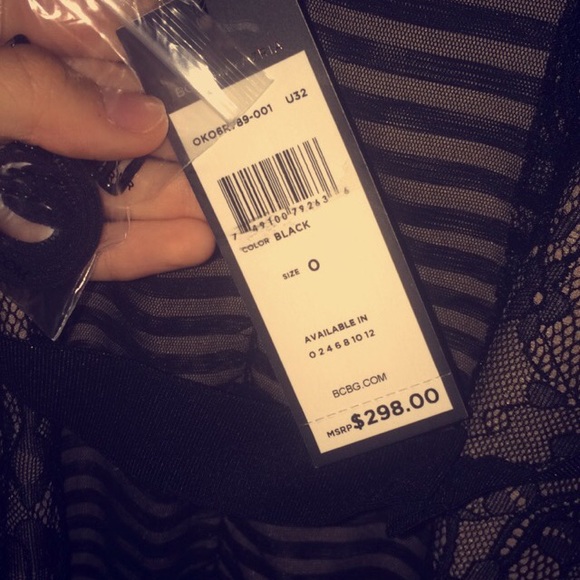 BCBGMAXAZRIA Dress, Strapless Belted Ruched Lace - Picture 2 of 4