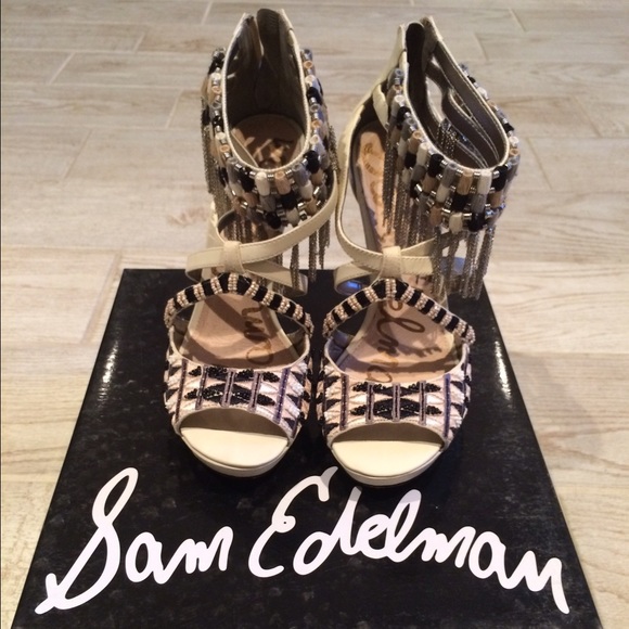 Sam Edelman Embroidered/Beaded Open Toe Heels - Picture 1 of 3