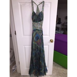 Jovani Peacock print evening gown