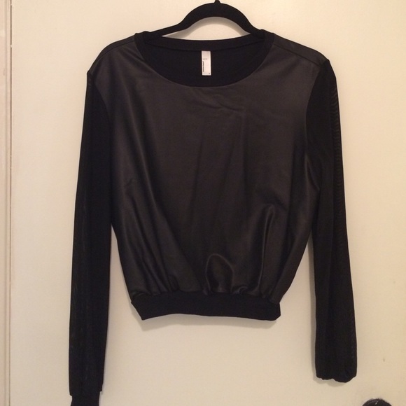 AA faux leather sheer sleeve shirt