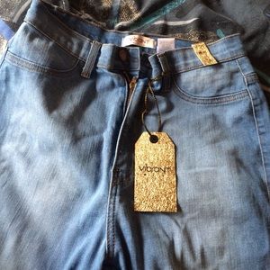 High waisted light wash blue jeans