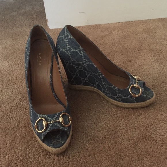 Denim gucci peep toe wedge sandal.