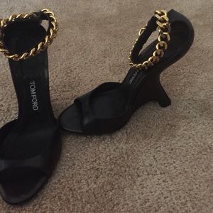 Tom ford black peep toe sandal with gold chain