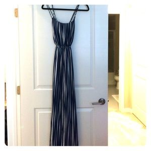 Blue and white striped maxi dress