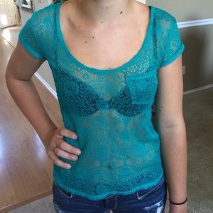 Mudd teal green/blue top see through lace