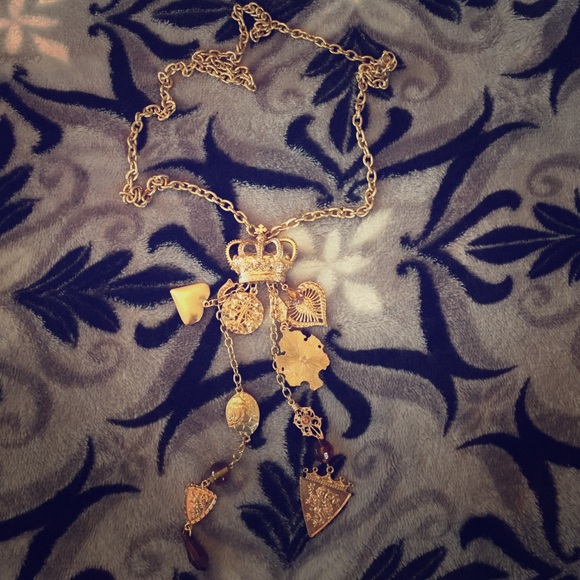 Gold Statement Necklace Crown Charms