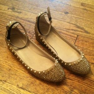 Zara ankle strap black beige studs gold tan flats
