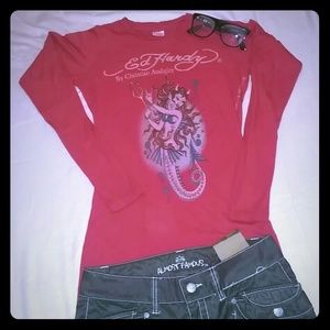 Vintage Ed Hardy Red Mermaid Shirt S