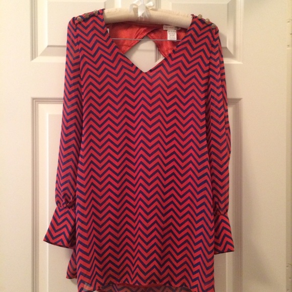 Red & Navy Blue Chevron Print Dress