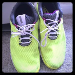 Nike running sneakers neon green, purple,and grey