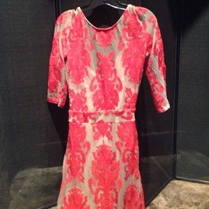Damask-print midi dress w/low back. Never worn.