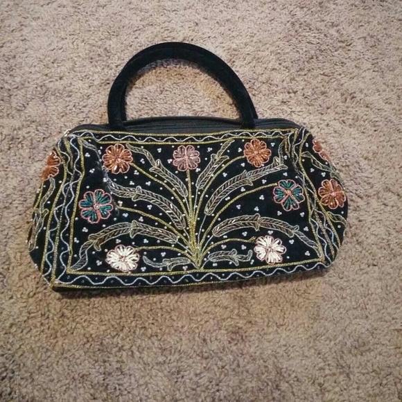Hand embroidered black velvet purse