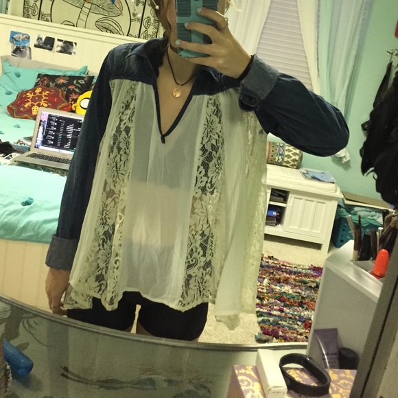 Free People Denim and Lace Tunic
