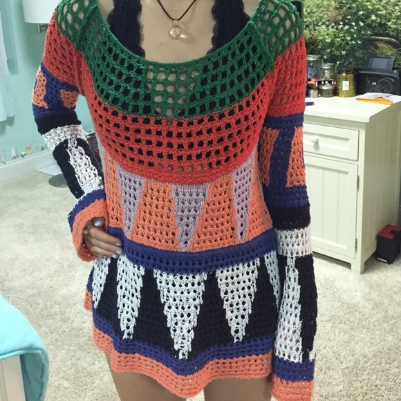 NWT Free People Rainbow Crochet Geometric Sweater