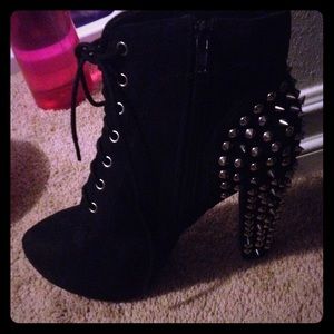 Black velvet spiked heel boots