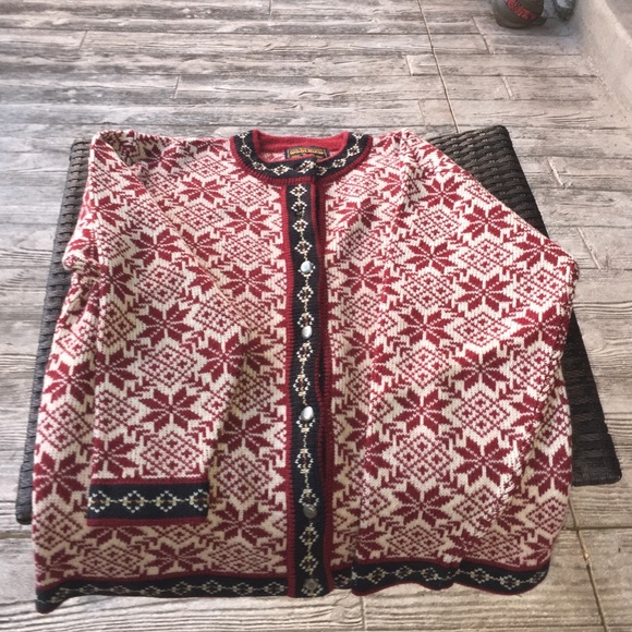 Red and White Woolrich Button Up Sweater