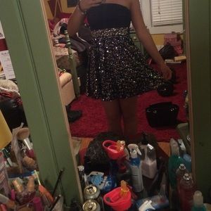 strapless blue and silver dress