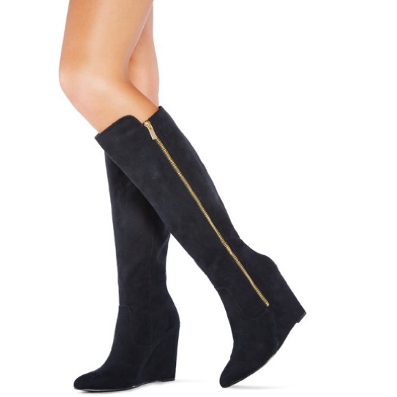 JustFab Black Wedge Boots with Gold Zipper 4"wedge