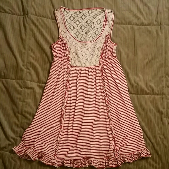 Red and White Stripped Dress with Lace & Ruffles