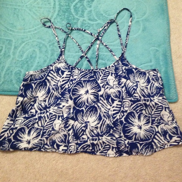 Blue and white flowy crop top, flower print
