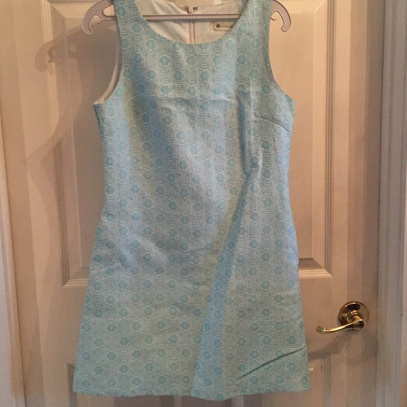 Impeccable Pig light blue shift dress Lined Brocade S