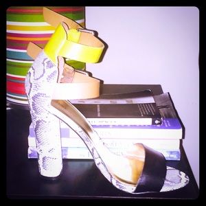 Animal print platform heel, yellow & tan straps