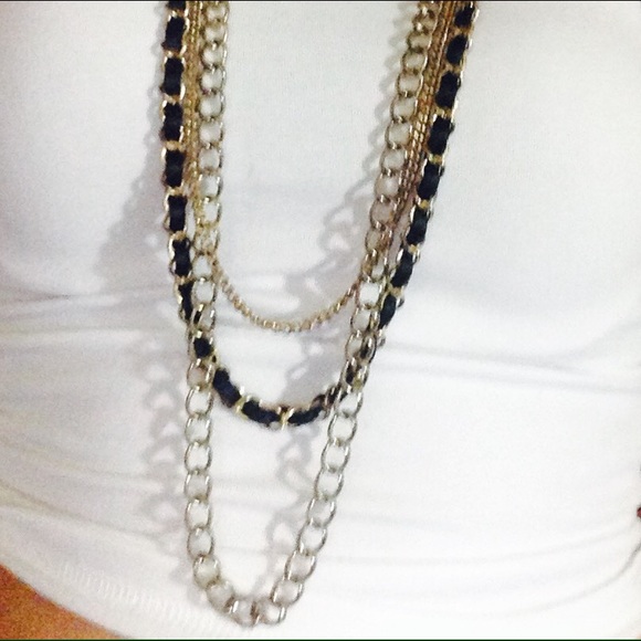 Black & gold chain ribbon tie statement necklace - Picture 3 of 4