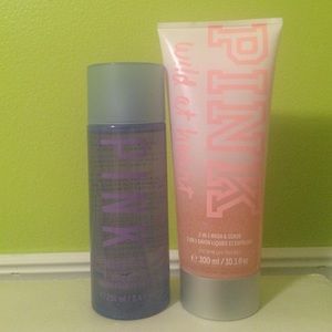 Pink 2-in-1 wash & scrub and pink body mist
