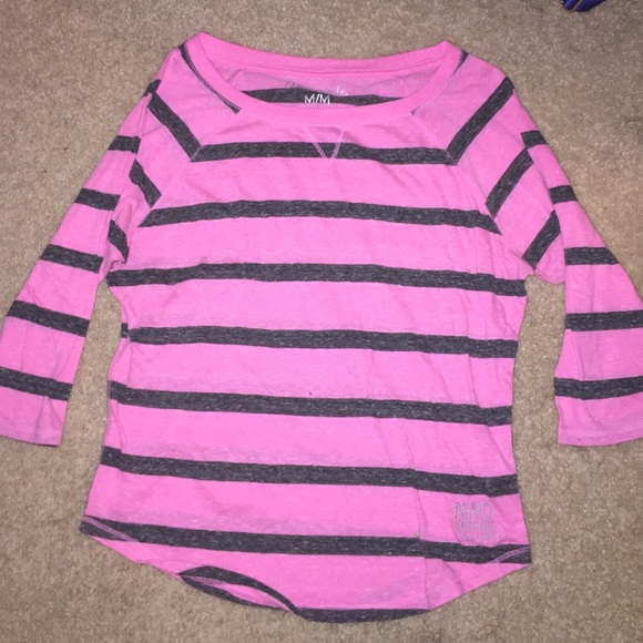 pink and grey striped shirt