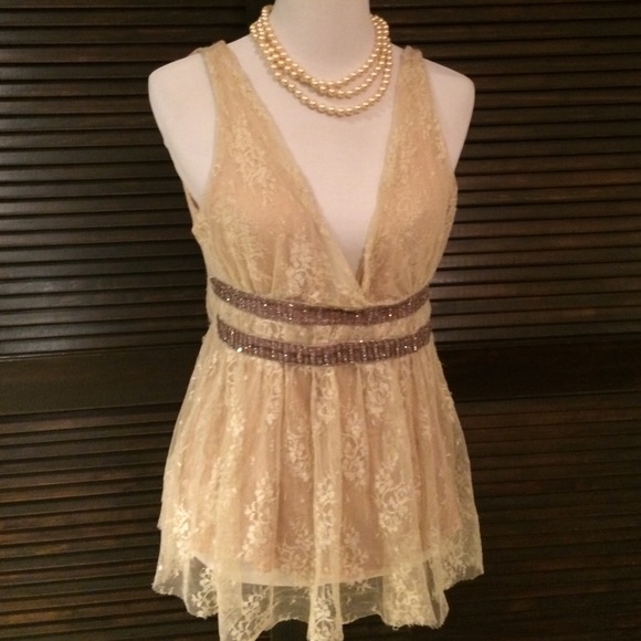 Cream Lace & Sequence Vintage Anthro Formal Top