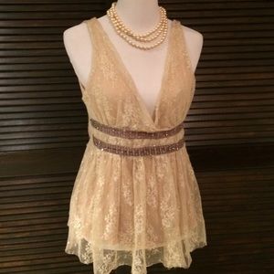 Cream Lace & Sequence Vintage Anthro Formal Top