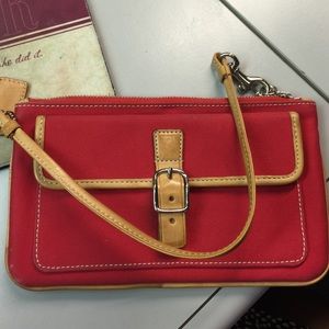 Coach Hampton Red Canvas Wristlet w/tan leather