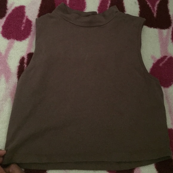 Brown turtleneck sleeveless crop top